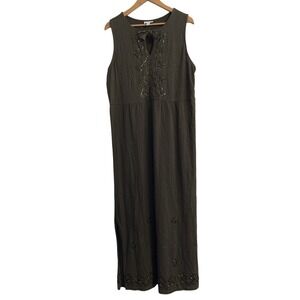 J Jill Large Olive Sequin Beaded Dress 100% Cotton Sleeveless Embellished Boho